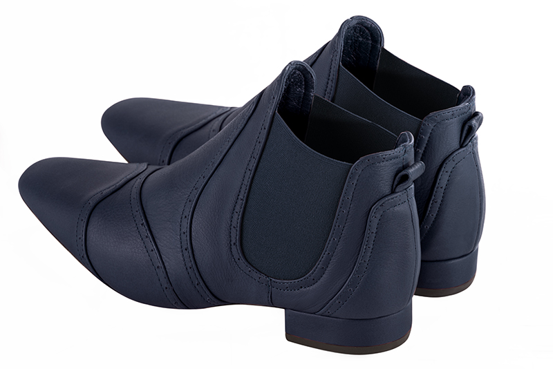 Navy blue women's ankle boots, with elastics. Square toe. Flat block heels. Rear view - Florence KOOIJMAN